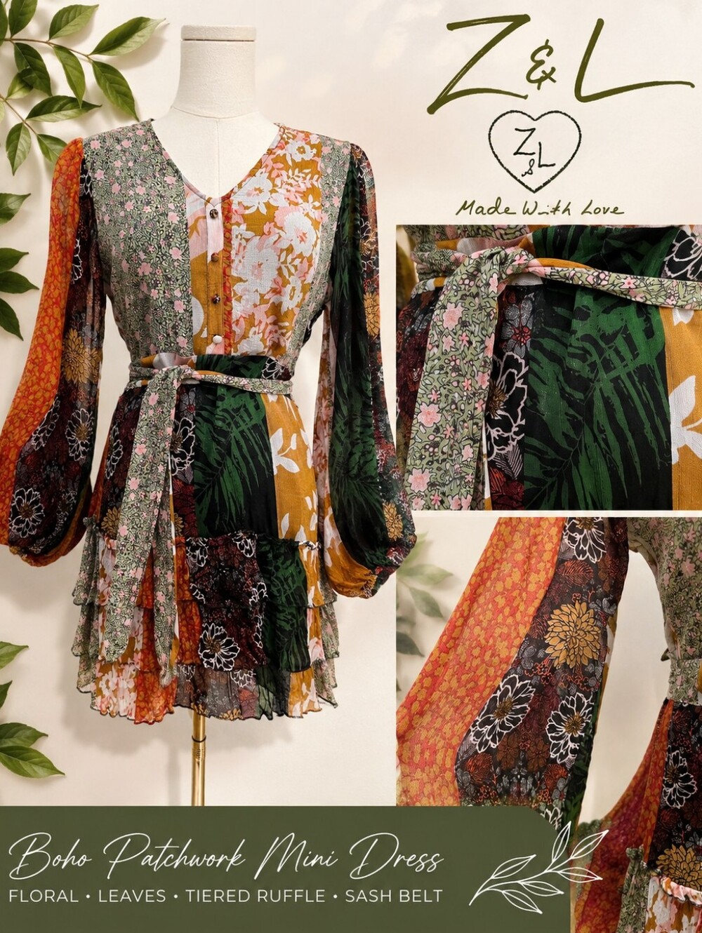 Boho Patchwork Mini Dress in Multi-Color by Z&L Europe